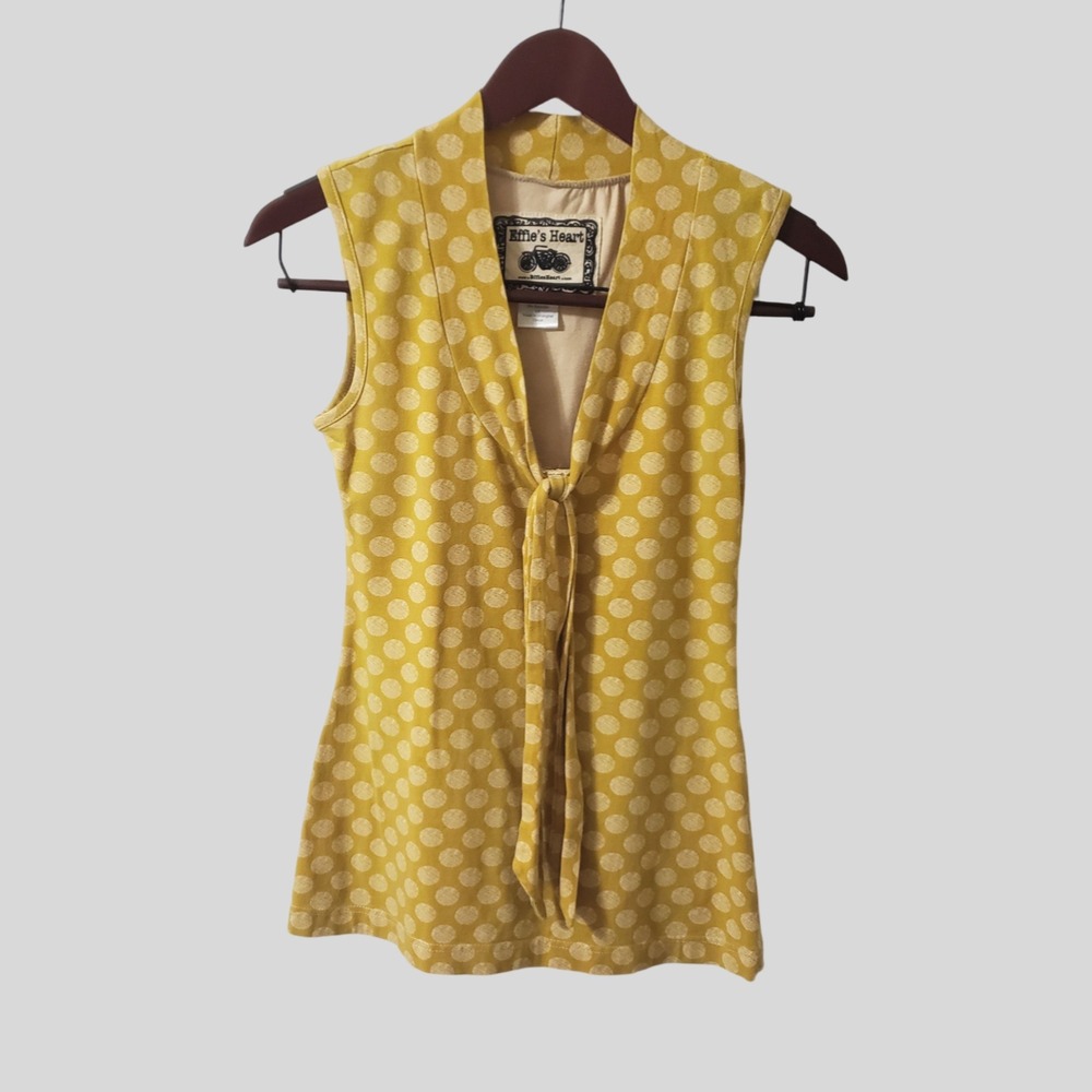Effies Heart Retro Yellow Polka Dot Sleeveless Tie Front Top XS Cotton Blend